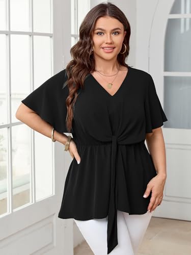 SCOMCHIC 2024 Women's Plus Size Peplum Tops Elegant V Neck Tie Front Bell Sleeve Flowy Blouses Shirts4