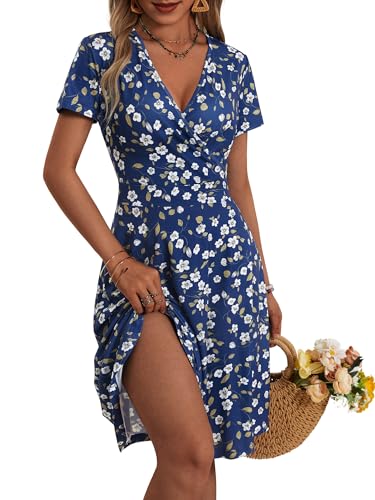 Image of MSBASIC Womens Summer Wrap V Neck Casual Dresses Floral Short Sleeve A-Line Midi Sundress