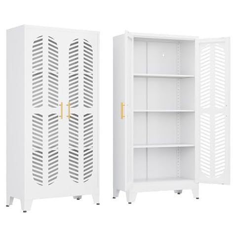 Ckzbx Metal Garage Storage Cabinet with 2 Doors,3 Adjustable Shelves, 61" Steel File Cabinet for Home Office, Metal Classroom Cabinet Basement (White) Cover
