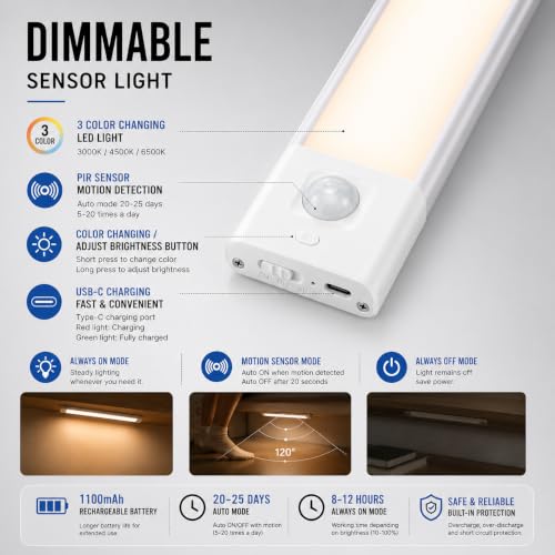 Image of Gesto Rechargeable Motion Sensor Led Light for Wardrobe - 3 Color Modes Magnetic Closet Light with Stepless Dimming for Under Counter| Under Cabinet Light,Kitchen Light,Cupboard Lights - 30 Cm