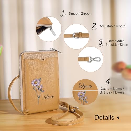 Personalized Leather Birthflower Wallet for Daughter - Custom Hold Phone Purse with Wrist Strap for Women Wife Engraved Name Money Clip for Mom Sister Gifts for Valentine's Day Christmas Birthday4