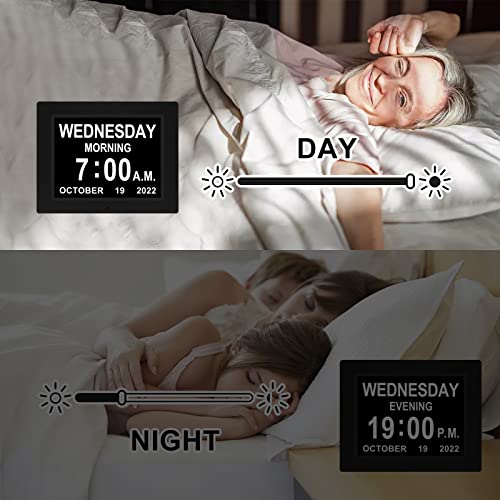 [Newest Version] Digital Calendar Alarm Day Clock - 8 Inch Large Screen Display, 5 Alarm, Auto Dimmable，For Extra Large Impaired Vision People, The Aged Seniors , For Desk, Wall Mounted (Black) #TOP1
