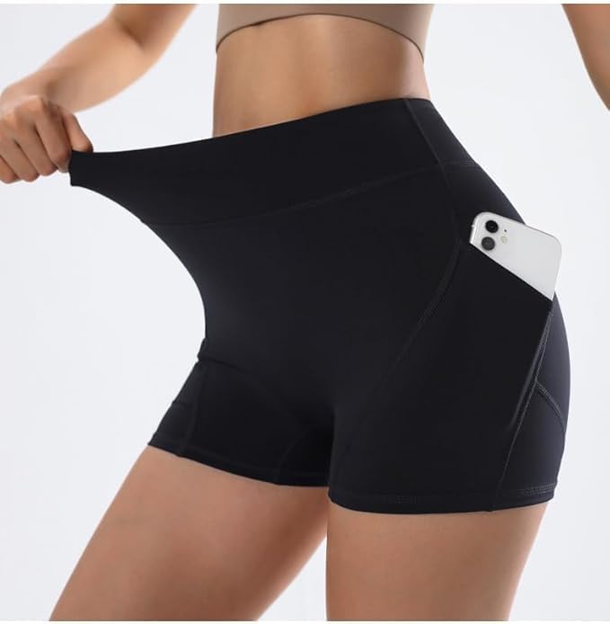 Women's High Waisted Workout Shorts with Pockets, Butt Lifting Biker Shorts for Gym, Tummy Control Seamless Yoga Shorts