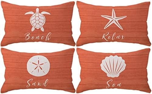 Coastal Beach Throw Pillow Covers 12 x 20 Inch Set of 4 Seaturtle Starfish Shell Sand Dollar ...