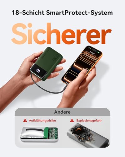 INIU 45W Power Bank, Ultra Klein 20000mAh Powerbank mit Integriertem USB C Kabel, Schnellladen Externe Handyakkus für Camping, Wandern, Outdoor Aktivitäten, Festival Nutzung, Grün 6