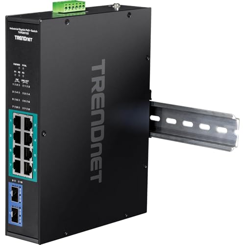 Image of TRENDnet 10-Port Industrial Gigabit PoE+ Switch, WideTemperature Range -20 - 65C (-4 - 149F), DIN Rail Switch, 50-55V DC, 8 x Gigabit PoE+ Ports, 2 x Gigabit SFP Slots, TI-PGM102, Black