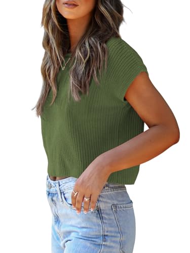 Image of LCXWFE Womens Summer Cropped Sweater Vest Trendy Cap Sleeve Crop Tops Crew Neck Loose Knit Tank Top