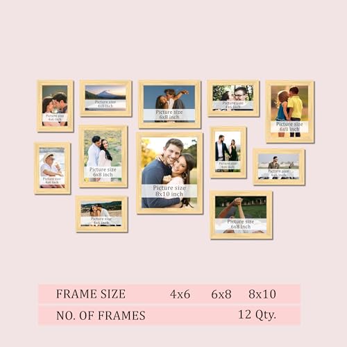 Image of Family Photo Frame Set of 12 for Wall Decor, Wooden Finish Collage Picture Frames for Living Room, Bedroom, Multi-Size Wall Hanging Gallery Frame Set, (7 Set 4x6, 4 Set 6x8, 1 Set 8x10 Inch)