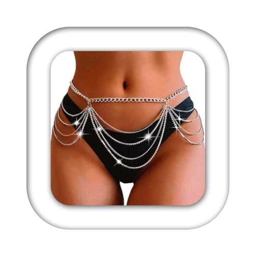 1 Psc Luxury Silver Waist Chain Belts Rhinestone Layered Belly Chain Fashion Rave Chain Jewelry for Women-image-17