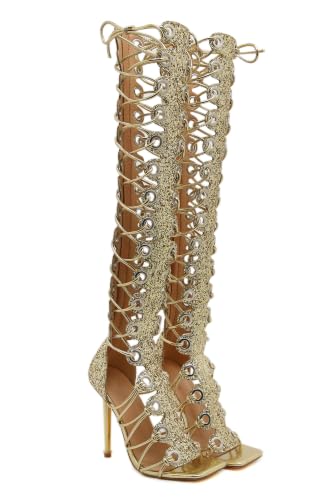 Image of STUPMARY Women Peep Toe Sandals Cut-outs Cross-tied Lace Up High Heeled Gladiator Sandals Zipper Over The Knee Bootie Summer