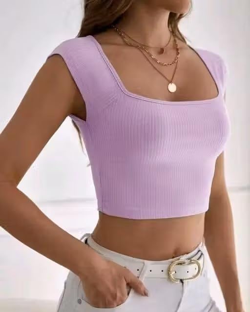 Image of Square Neck Sleeveless Unique Crop Top for Women - Lycra, Solid Design, Comfortable Fit, Stylish Summers