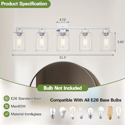 Image of 5 Light Bathroom Vanity Light - Chrome Bathroom Light Fixtures Square Design & UL Certification, 31 Inch Bath Room Light Fixtures Over Mirror for Living Room & Bedroom & Restroom