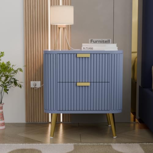 Image of Premium HDMR Wood Bedside Table with 1 Drawer & Open Storage Shelf, Fluted Nightstand with Golden Legs for Bedroom, Modern End Table, for Living Room, Grey Finish (18 x 14 x 18 Inch)