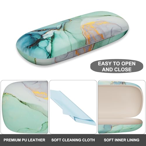 Image of Eyeglasses Case, Portable Hard Shell Protective Case For Glasses, Eyeglass Holder Box for Women and Men with Cleaning Cloth, Green Marble