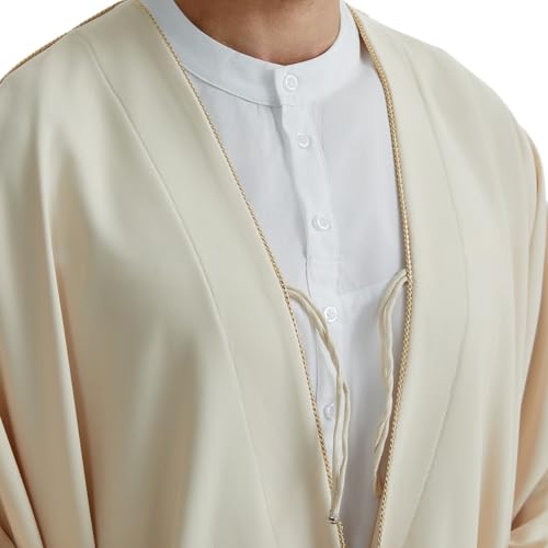 Muslim Men's Pure Color Long Sleeves Bisht Cardigan Robe Ramadan Eid Thobe (Beige, Medium)4