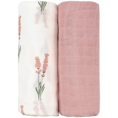 FUNUPUP Muslin Swaddle Blankets for Baby Boy Girl, Neutral Baby Receiving Blankets 47x47 inches, 70% Rayon derived from Bamboo Swaddling Blankets for Newborn,Pink Cover