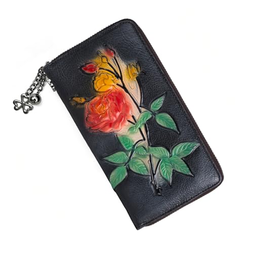 Image of Wallet Genuine Leather for Women - with RFID Blocking Card checkbook ID Slot Large Capacity Vintage style (gardenia black)