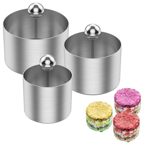 3Pcs Stainless Steel Round Food Ring Mold, Round Onigiri Mold, Rice Ball Making Mold, Onigiri Sushi Making Mold, Pastry Rings Cake Forming Rings with Pusher, Food Presentation Rings Tuna Tartare Mold