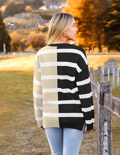 Image of Zeagoo Womens Striped Oversized Sweater 2025 Crew Neck Long Sleeve Knitted Color Block Casual Loose Pullover Top