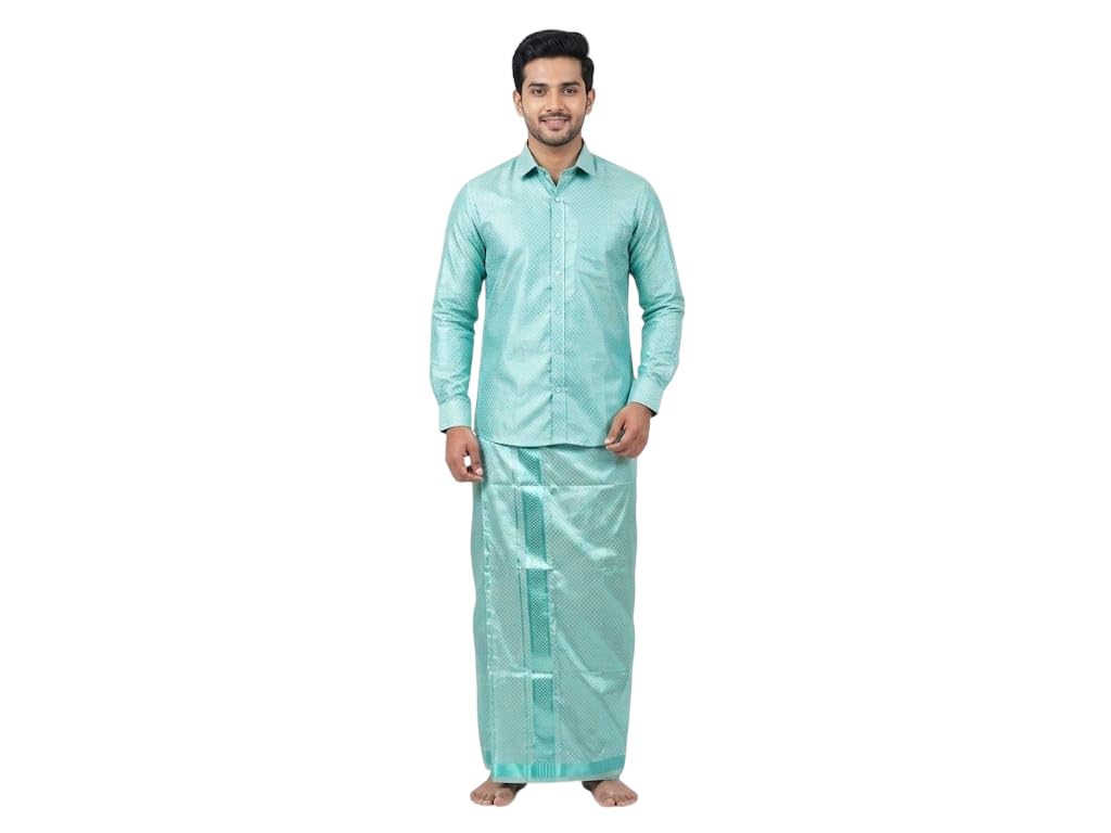 PROPULSION Cotton Tissue Full Sleeve Shirt and 4 Yard Dhothi Set, Double Jari, SKY BLUE-image-31