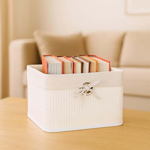 Relaxdays Aufbewahrungskorb 2er Set, Bambus, mit Stoffeinsatz, HBT: 20x31x31 cm, Körbchen mit Griffloch, Regalkorb, weiß