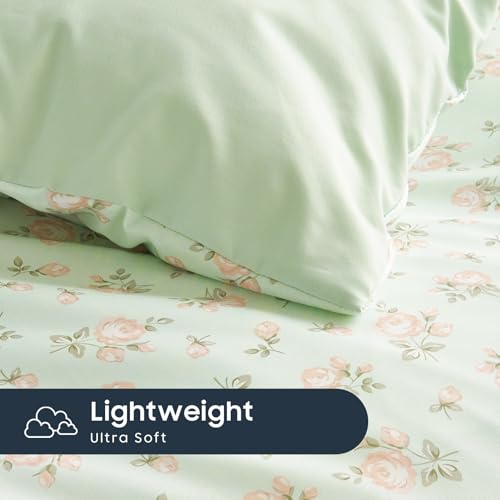 Image of Wake In Cloud - Floral Comforter Set, Coquette Cottagecore Aesthetic Flower Shabby Chic Pattern for Women Teen Girls, Soft Lightweight Bedding, 3 Pieces, Green Pink, Twin /Twin XL Size