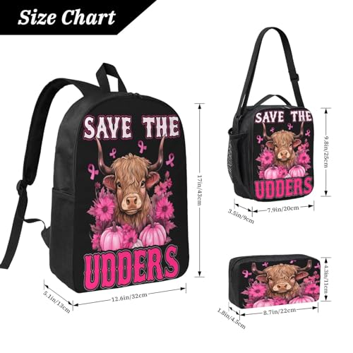 Highland Cow Breast Cancer Awareness 17 Inch Backpack Sets Lunch Bag Lightweight Daypack for Men Women 3Pcs2