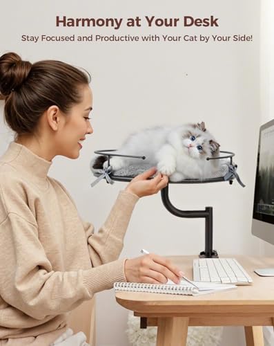 Cat Desk Bed, 360°Rotation & Height Adjustable Cat Bed for Desk Holds up to 40lbs, Machine-Washable Plush Cover - Image 5