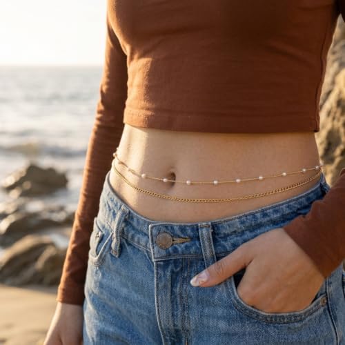Image of PALAY 2pcs Pearl Waist Chain for Women Stylish Saree Gold Plated Belly Chain 2-Layered Ladies Body Hip Chain for the Waist Bikini Jewelry - 26-42in