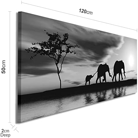 Wallfillers Black White African Sunset Elephants Canvas Wall Art Print - 1363 - 120x50cm