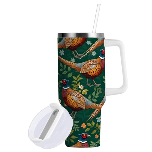 SLHKPNS 40 oz tumbler with handle and straw Pheasant Birds Flowers Leaves Green Stainless Steel Tumbler Leakproof Water Bottle Vacuum Insulated Cups With Lid Travel Mug For Car Cup Holder,