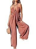 CUPSHE Women's Summer Jumpsuit Plunging Halter Sleeveless Striped Casual Dressy Outfit Wide Leg Pockets Maxi Overall Brown, M