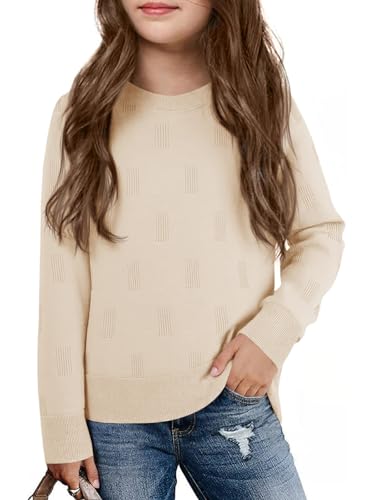 Image of Haloumoning Girls Knit Sweaters Casual Long Sleeve Textured Pullover Tops Kids Loose Fit Comfy Fall Clothes 5-14 Years