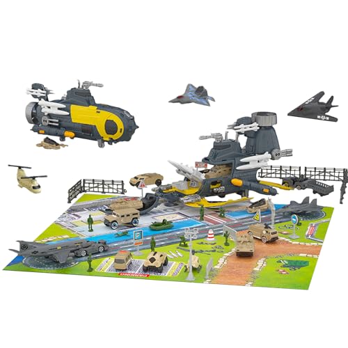 Maycoly Marine Militär Spielzeug,Militärisches U-Boot-Modell,Verformbar,Enthält 18 Transportarten mit Verkehrsschildern und Spielmatten,Flugzeug Spielzeug,Flugzeugträger Spielzeugset für Kinder 3+