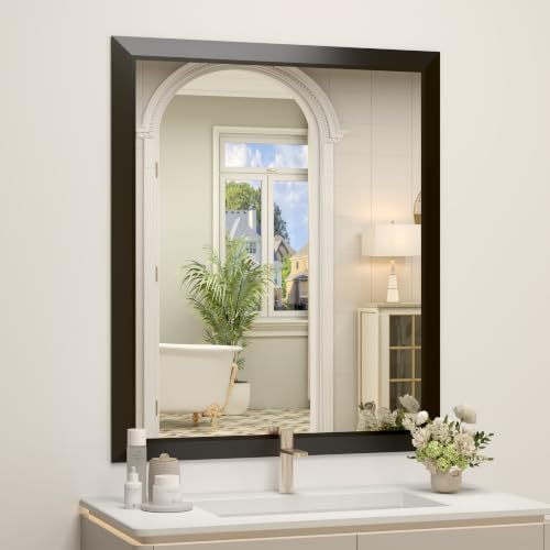 SMIROR Matte Black Bathroom Mirror for Over Sink 36x 30 inch, Metal Thick Frame Rectangle Vanity Mirror for Wall, Anti-Rust, Horizontally or Vertically Mounted