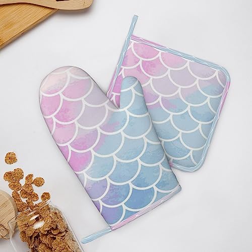 Colorful Mermaid Scale Oven Mitts And Pot Holders Heat Resistant 2Pcs Set Bbq Gloves And Pads For Cooking Baking Grilling #TOP7