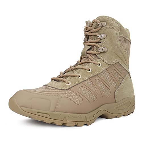 LUDEY Herren Militär Einsatzstiefel Tactical Wanderstiefel Sicherheit leicht Leder Jungle Stiefel Sand, 44EU