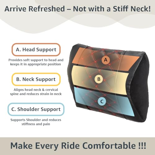 Image of Amazon Basics Car Seat, Office Chair Orthopedic Headrest Pillow,100% Memory Foam-Neck, Cervical Pain Relief, Best for Long & Short Travel | Premium Faux Leather,1 Year Warranty| Black,20 X 24 X 13 Cm