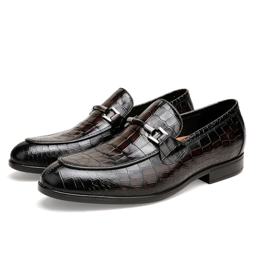Image of Mens Leather Penny Loafers, Classic Crocodile Printed Business Dress Shoes with Metal Buckle Slip on Penny Shoes for Mens