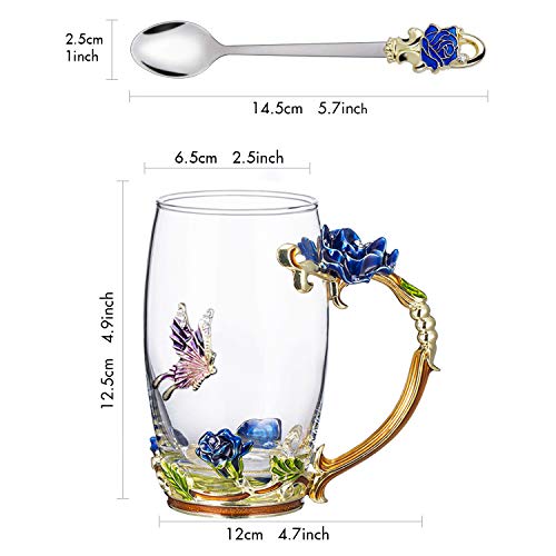 Tea Cup Coffee Mug Cups, Glass Coffee Cups Tea Mugs 2018 Handmade Butterfly Rose,13 oz (Blue) Ideal for Friend Wedding Anniversary Birthday Presents