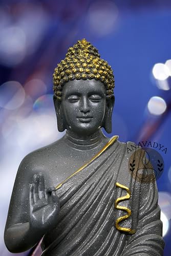 Image of Beautiful Sitting Buddha Idol Statue for Home & Garden Living Room | Healing Spirit Blessing Buddha Statue - 15 Inch Size (Grey+Gold)