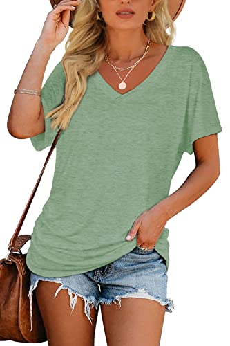 Image of WIHOLL Womens Summer T-Shirts Short Sleeve V Neck Dolman Tops with Side Shirring Loose Fit Shirts Spring Fashion