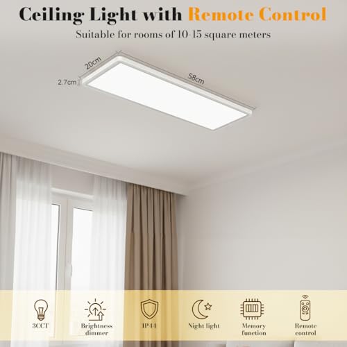 Image of ELEPHANTBOAT 48W LED Ceiling Light with Remote,3000K-6500K Dimmable Flush Mounted Ceiling Light with Back Amber Light Design,58x22cm, Slim Square Ceiling Lamp for Bathroom, Living Room,Hallway