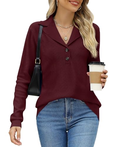 Image of LOMON Sweaters for Women 2025 Fall Knitted V-Neck Collared Button Pullover Dressy Casual Long Sleeve Polo Shirts Business