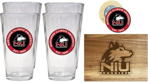 Set cocina oficial Northern Illinois Huskies con 4 vasos y tabla madera