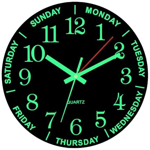 WOOPHEN 12 Inch Luminous Wall Clock Wooden Silent Non-Ticking Battery Powered Wall Clocks with Day Week for Living Room,Bedroom,Kitchen, Office and School (Brown) Cover