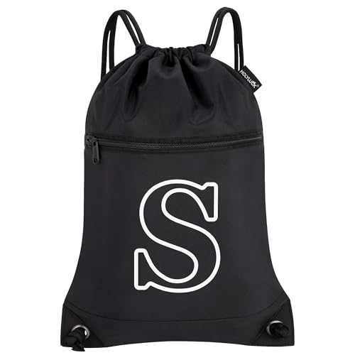 Image of HOLYLUCK Drawstring Bags Initial Backpack Sackpack Cinch Bags for Sports, Gym, Travel, Beach (Black-S)