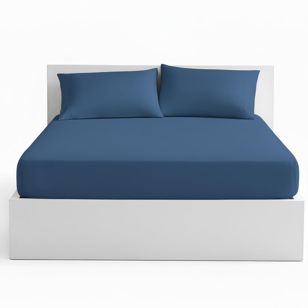 Linen Tribe Plain Dyed Fitted Sheets With Matching Pillow Cases 40cm (16inches) Deep Pocket Percale Non Iron Anti Allergy 2 Piece Bed Sheet Set (Mid Blue, Double)
