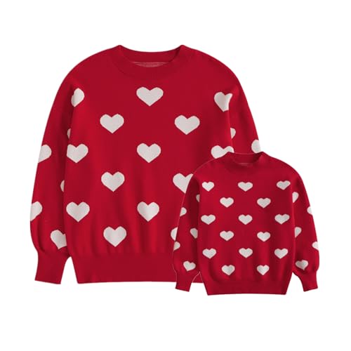 Mommy and Me Matching Valentines Sweaters Heart Print Long Sleeve Crew Neck Knitted Pullovers Knitwear