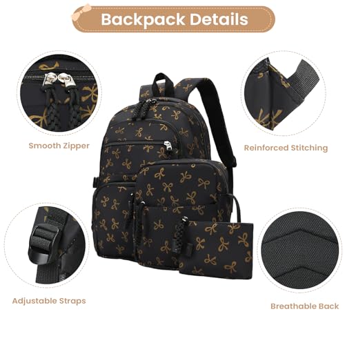 Image of Coquette Bow Backpack - Cute Kawaii Backpack Set Aesthetic Daypack Bow Rucksack (A04 Bow Black)